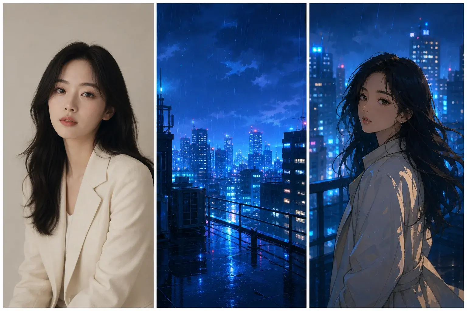 Project-owned adult portrait, rain-lit city, and original animation-inspired image triptych