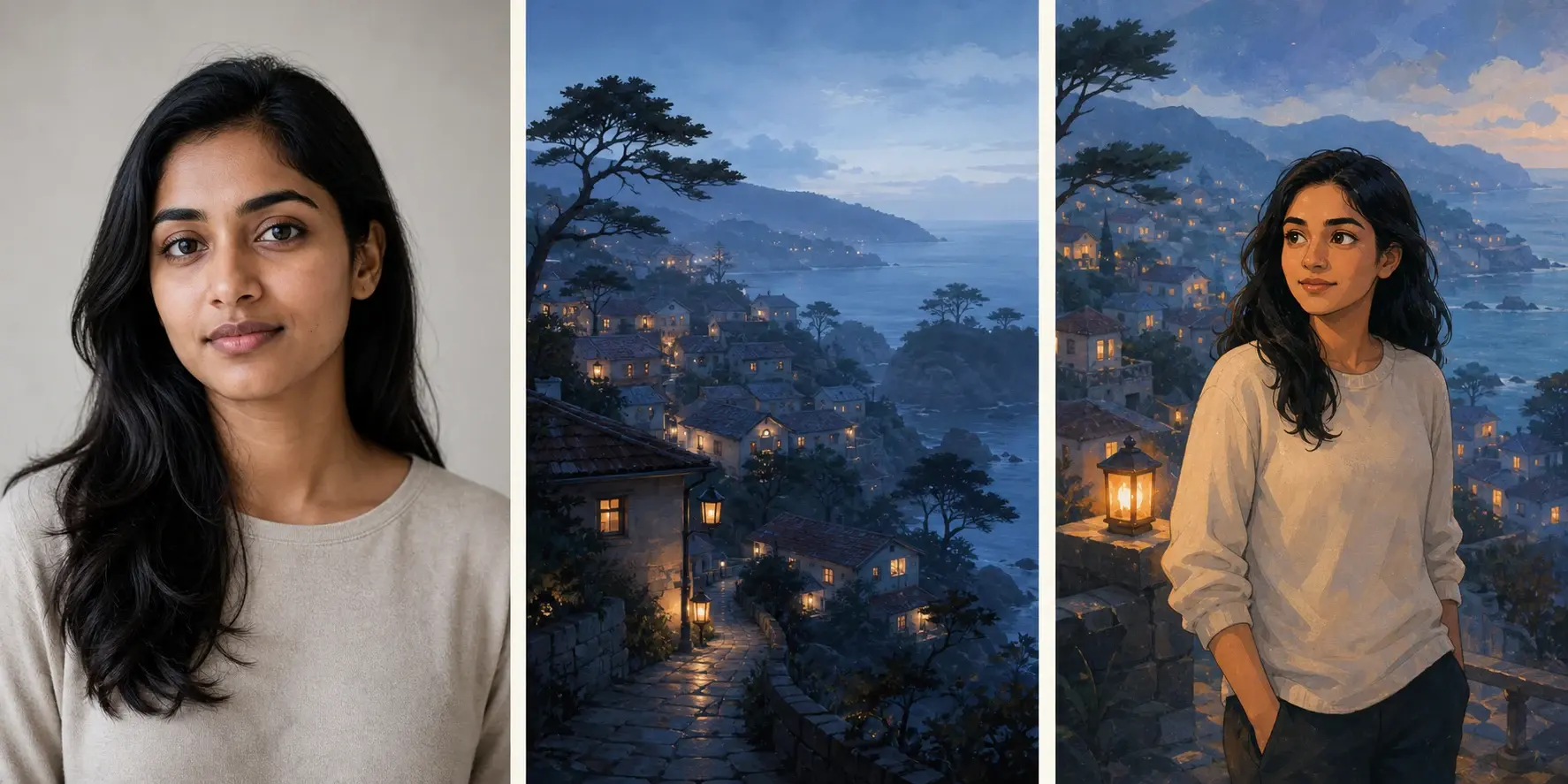 Project-owned adult portrait, blue-hour coastal town reference, and original illustrated image triptych