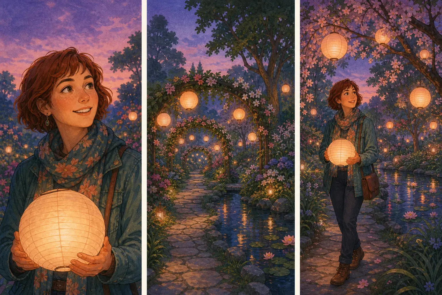Project-owned adult portrait, lantern garden festival reference, and original illustrated evening scene triptych
