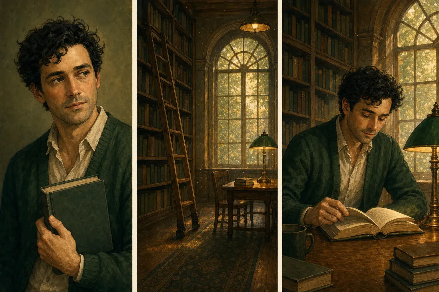 Project-owned adult portrait, quiet library reference, and original hand-painted scene triptych