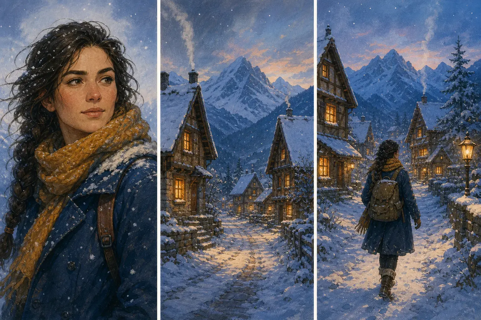 Project-owned adult portrait, snow mountain village reference, and original illustrated winter scene triptych