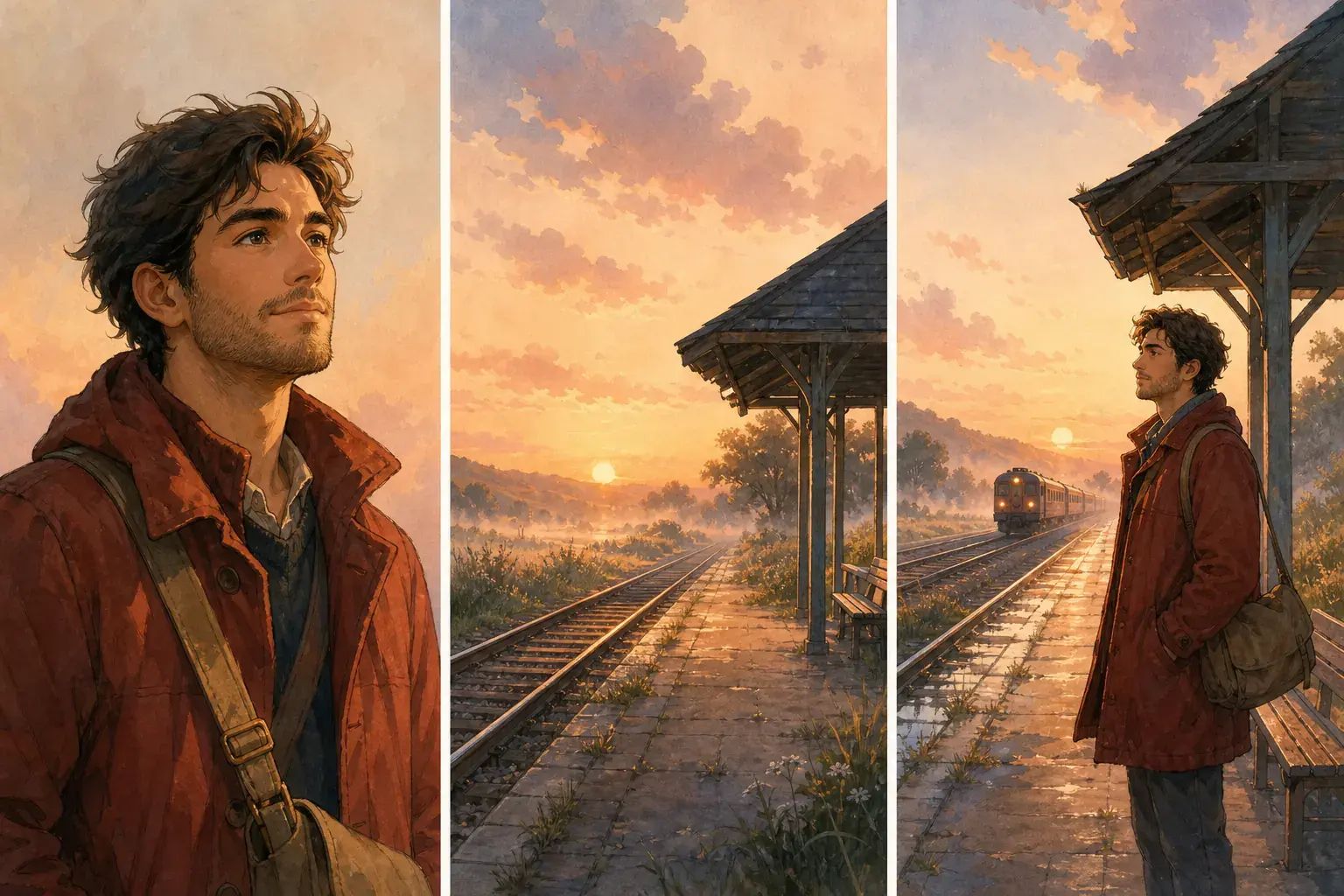 Project-owned adult portrait, sunrise train platform reference, and original illustrated scene triptych