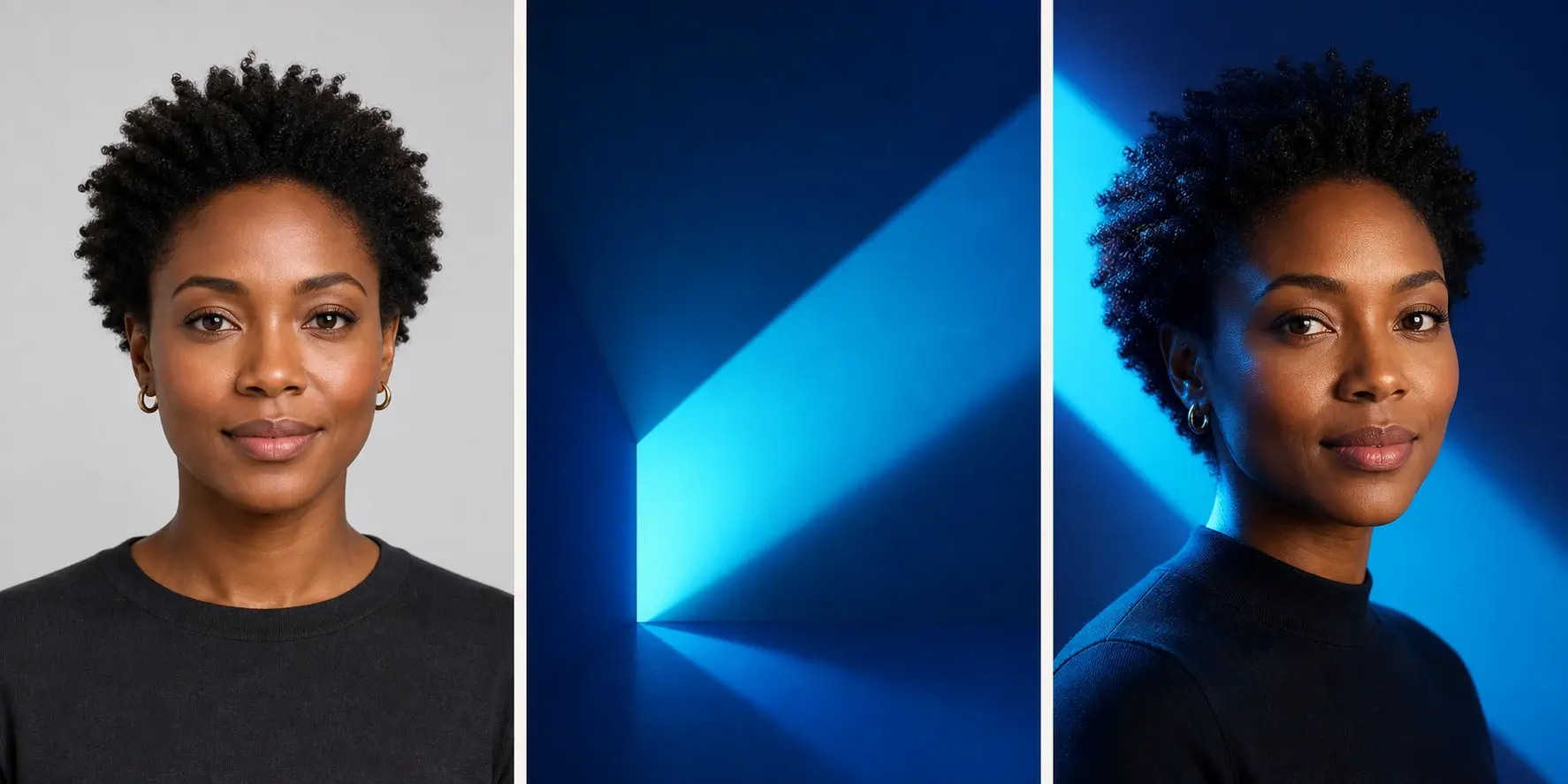 Project-owned adult portrait, cobalt geometric lighting reference, and generated profile avatar triptych