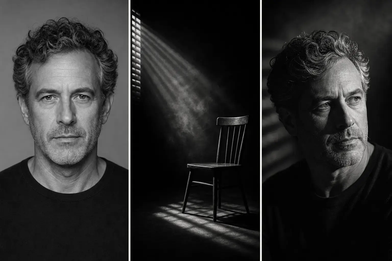 Project-owned adult portrait, monochrome lighting reference, and generated cinematic avatar triptych