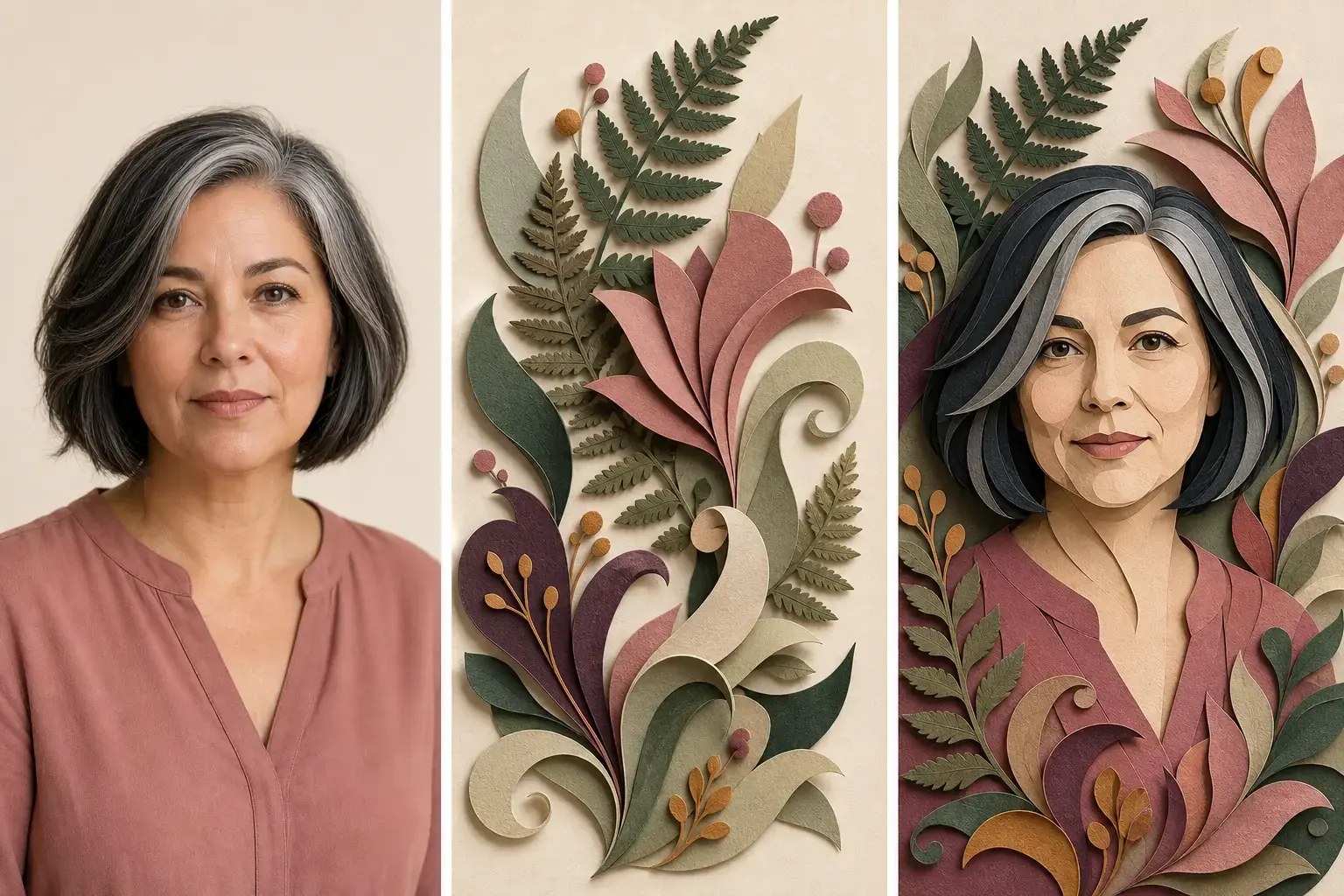 Project-owned adult portrait, paper-cut botanical reference, and generated illustrated avatar triptych