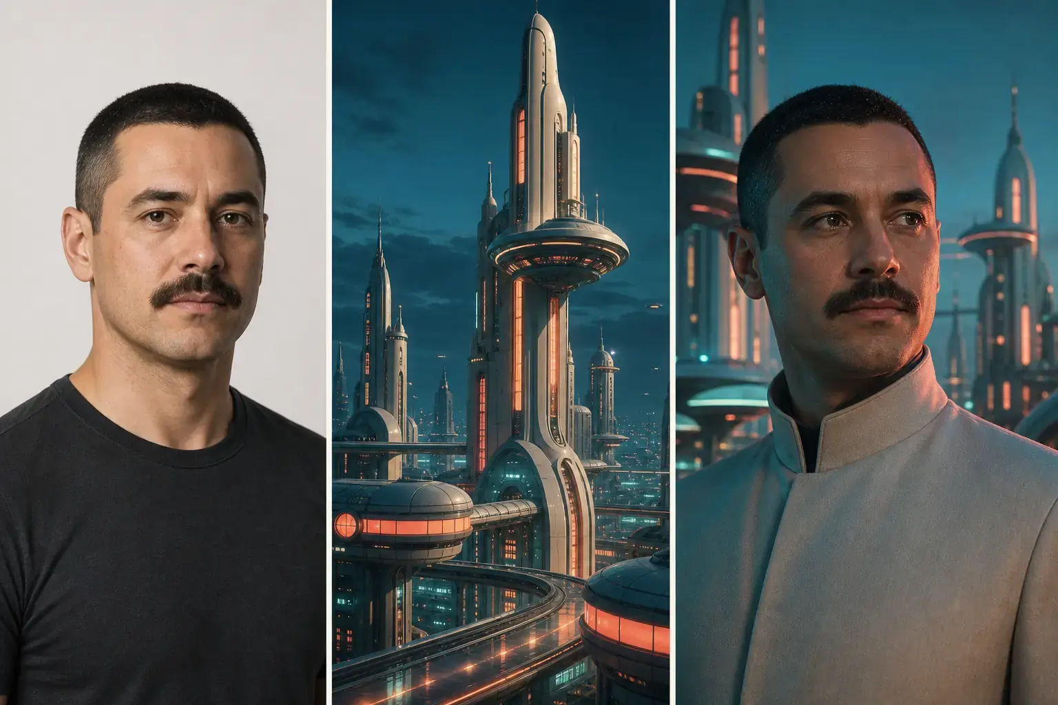 Project-owned adult portrait, original retro-futurist skyline, and generated city avatar triptych