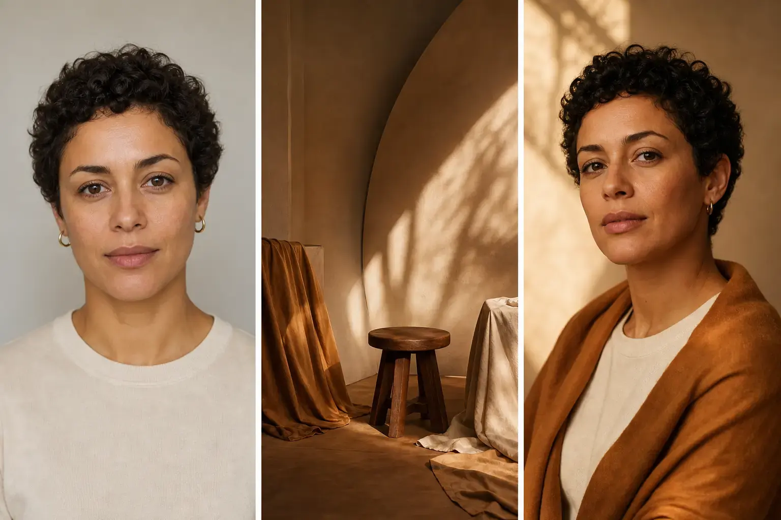 Project-owned adult portrait, warm editorial studio reference, and generated professional avatar triptych