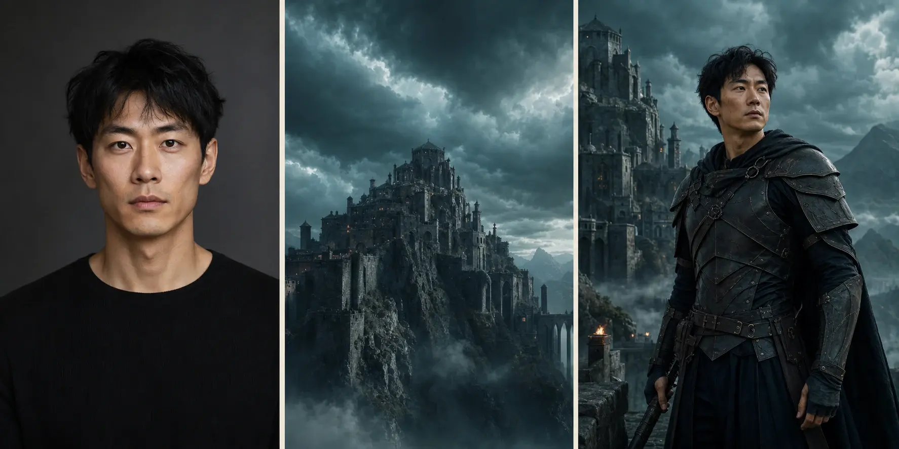 Project-owned adult portrait, storm-lit citadel reference, and generated fantasy guardian triptych
