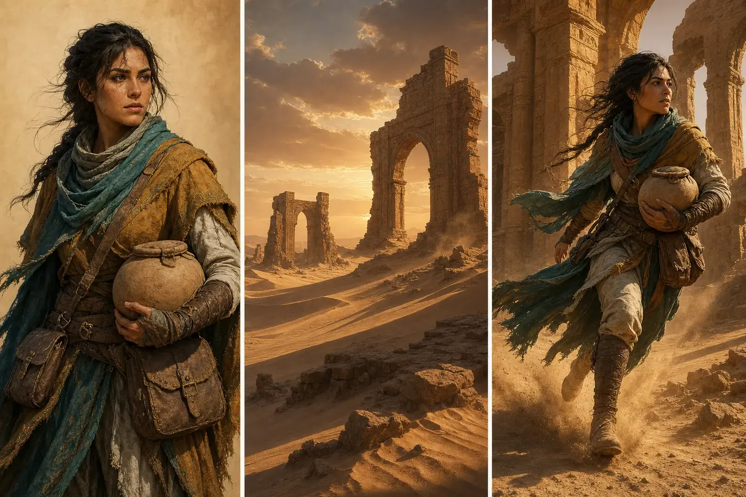 Project-owned adult desert courier, sandstone ruins reference, and generated fantasy character triptych
