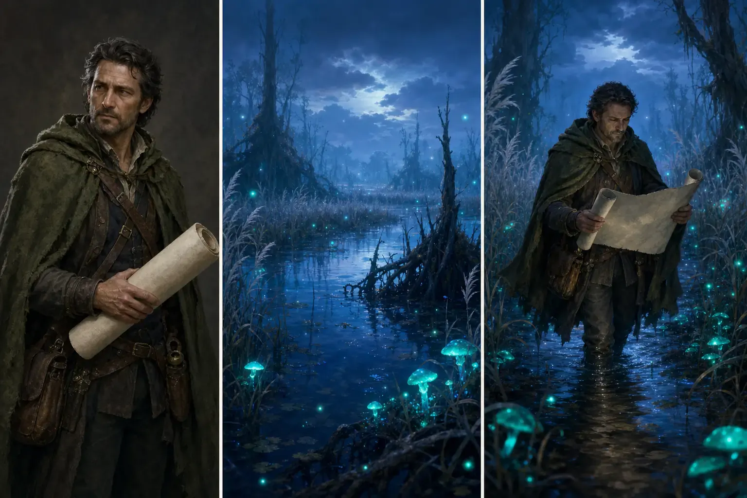 Project-owned adult cartographer, luminous marsh reference, and generated fantasy character triptych