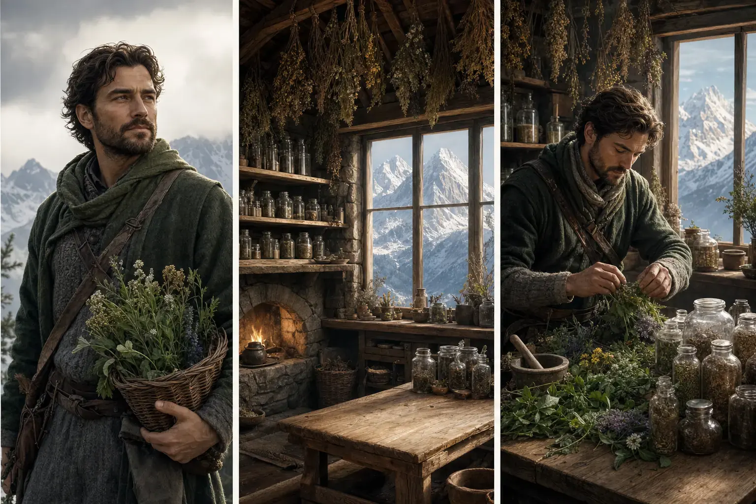 Project-owned adult herbalist, mountain apothecary reference, and generated fantasy character triptych