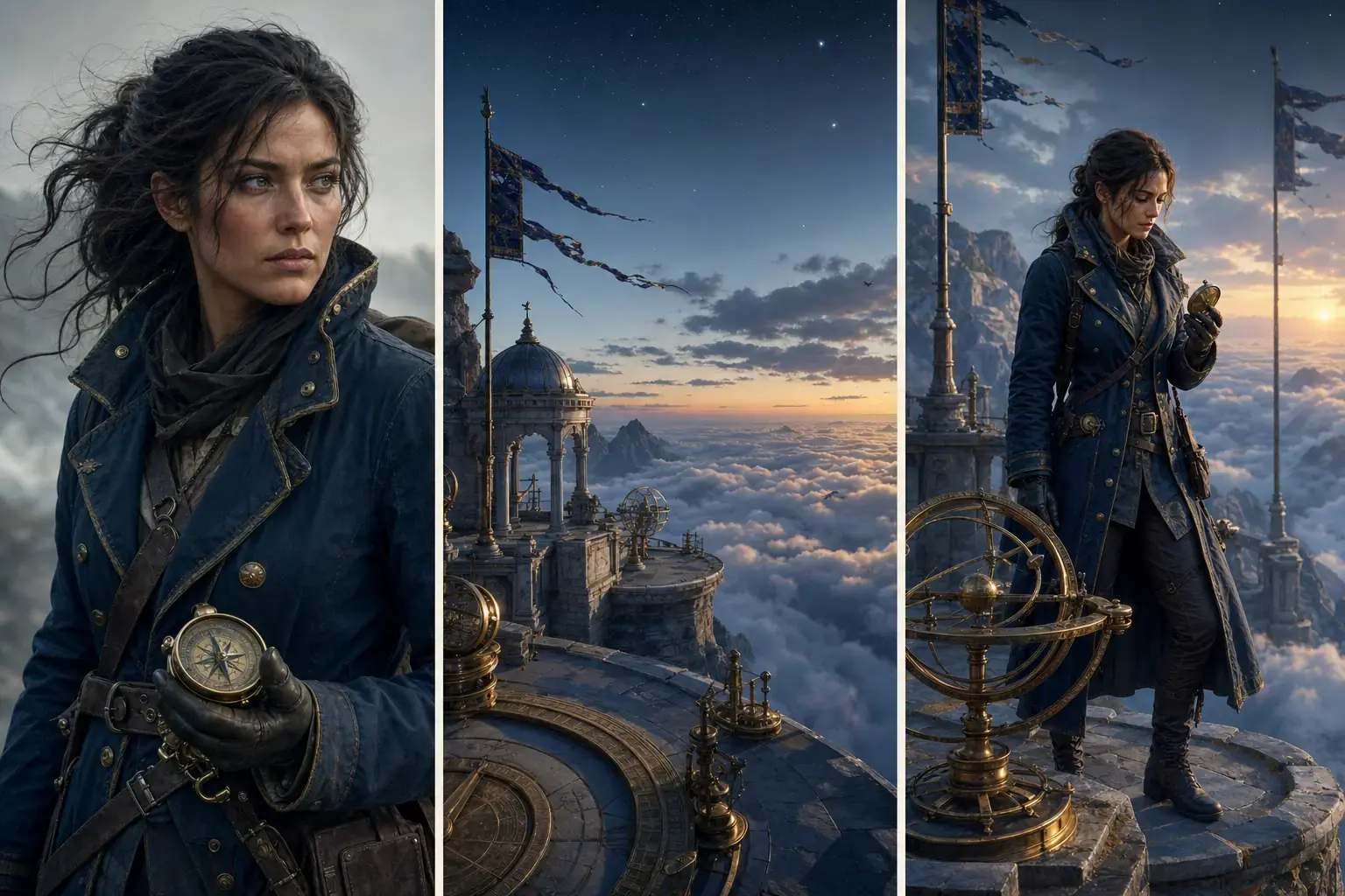 Project-owned adult navigator, cliff observatory reference, and generated fantasy character triptych