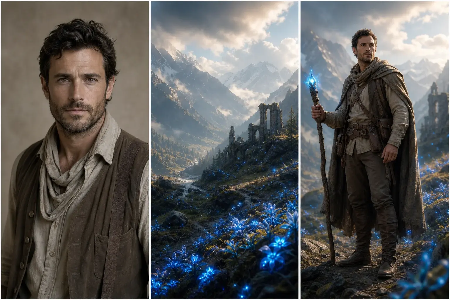 Project-owned adult explorer, enchanted valley, and generated fantasy ranger triptych