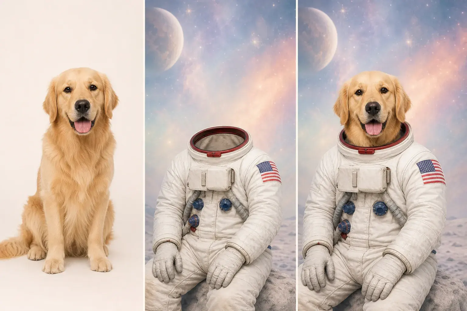 Project-owned golden retriever, astronaut reference, and generated pet portrait triptych