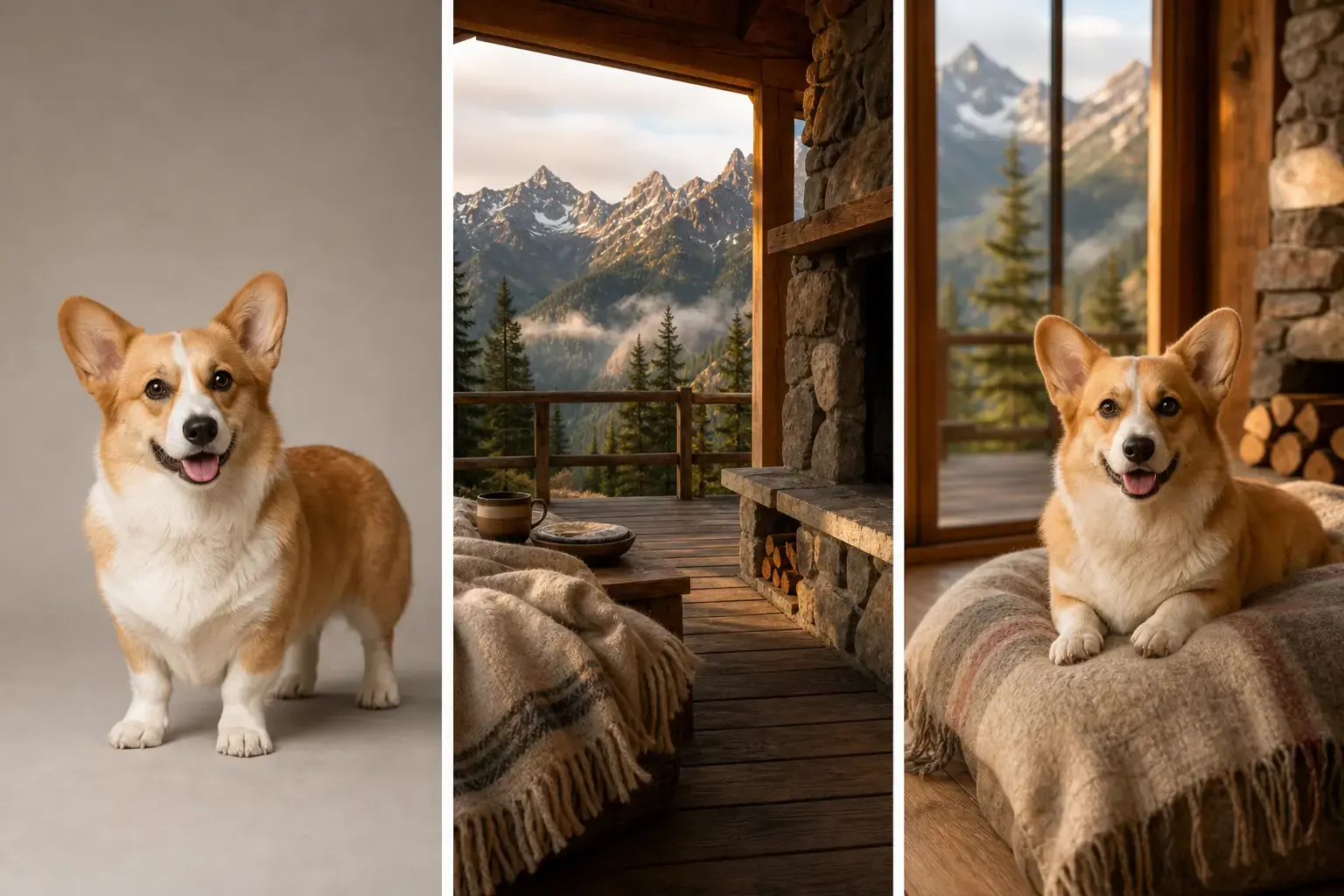 Project-owned corgi, alpine cabin reference, and generated winter pet portrait triptych