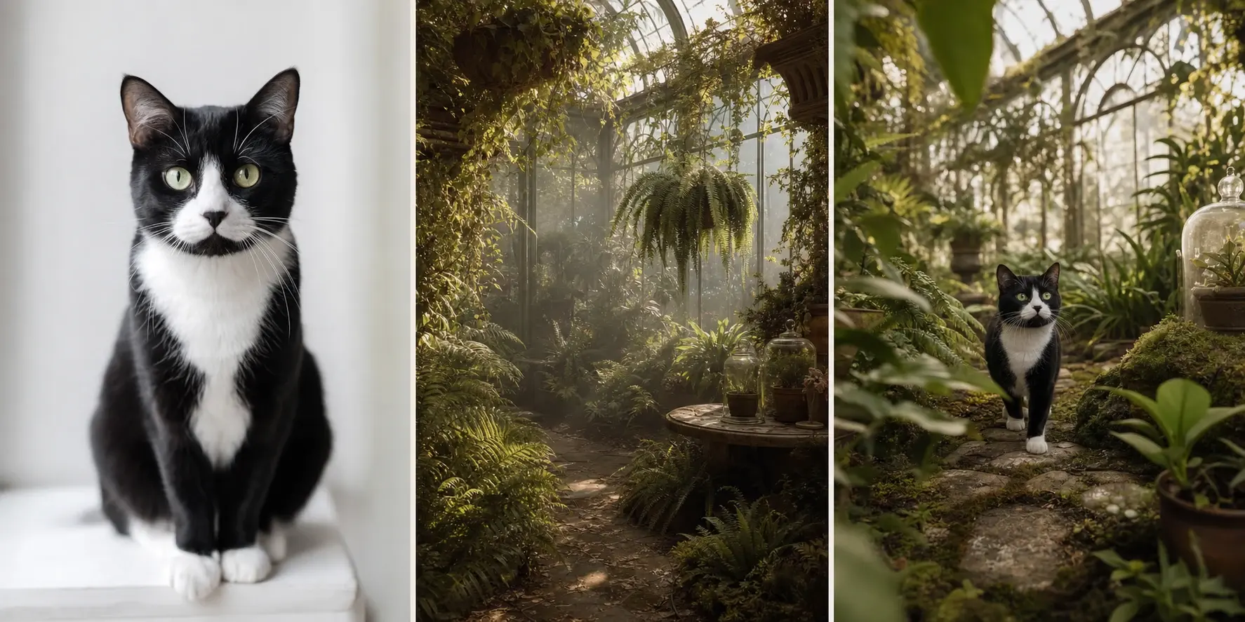 Project-owned tuxedo cat, greenhouse reference, and generated botanical pet portrait triptych