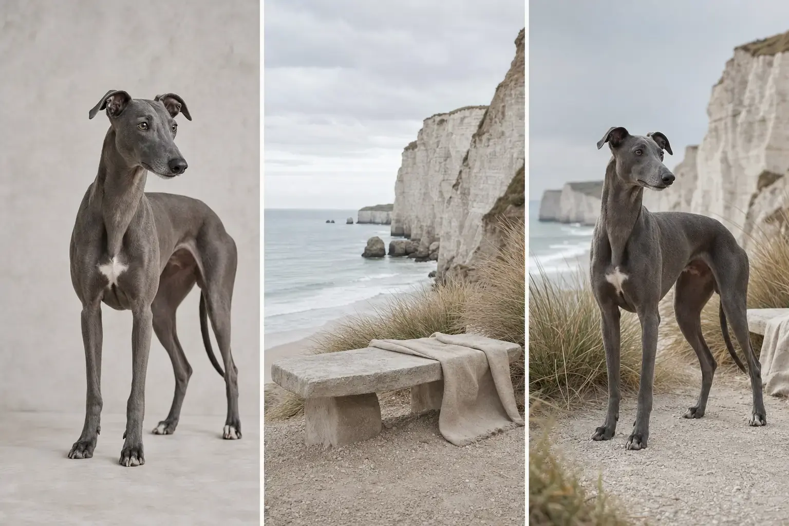 Project-owned greyhound, coastal editorial reference, and generated seaside pet portrait triptych
