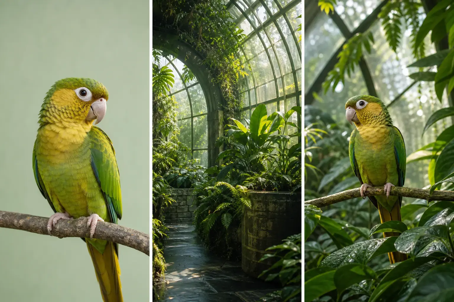 Project-owned parrot, tropical conservatory reference, and generated botanical bird portrait triptych