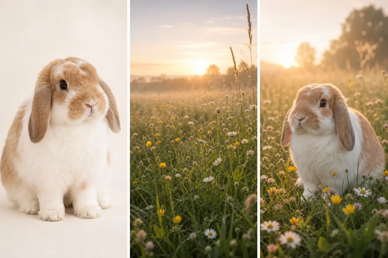 Project-owned rabbit, wildflower meadow reference, and generated spring pet portrait triptych