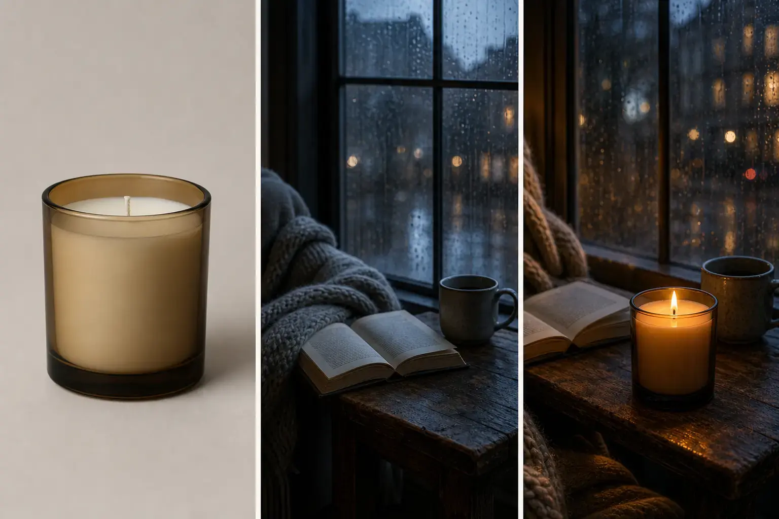 Project-owned unbranded candle, rainy reading nook reference, and generated lifestyle product triptych