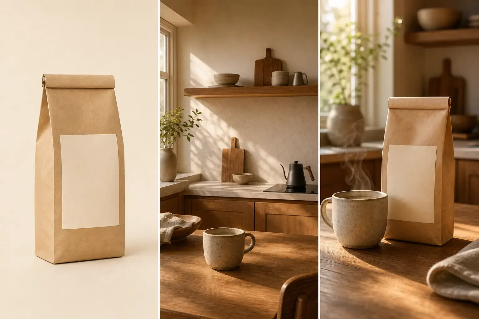 Project-owned unbranded coffee bag, kitchen reference, and generated countertop product triptych
