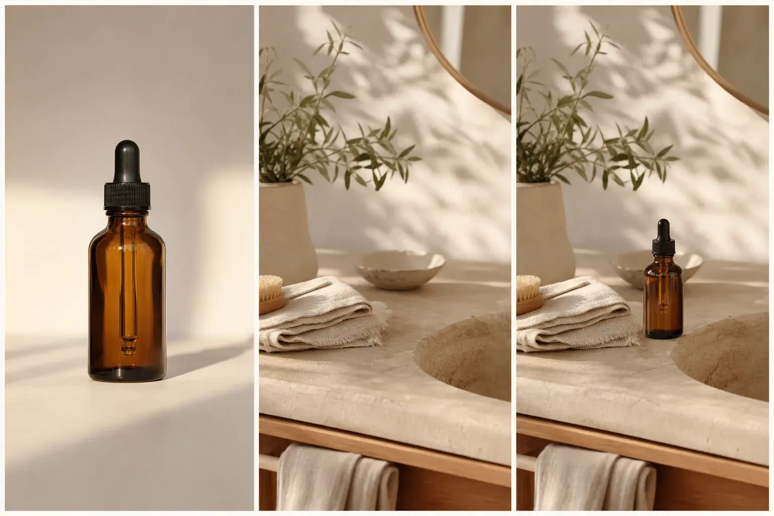 Project-owned amber bottle, calm interior reference, and generated lifestyle campaign triptych