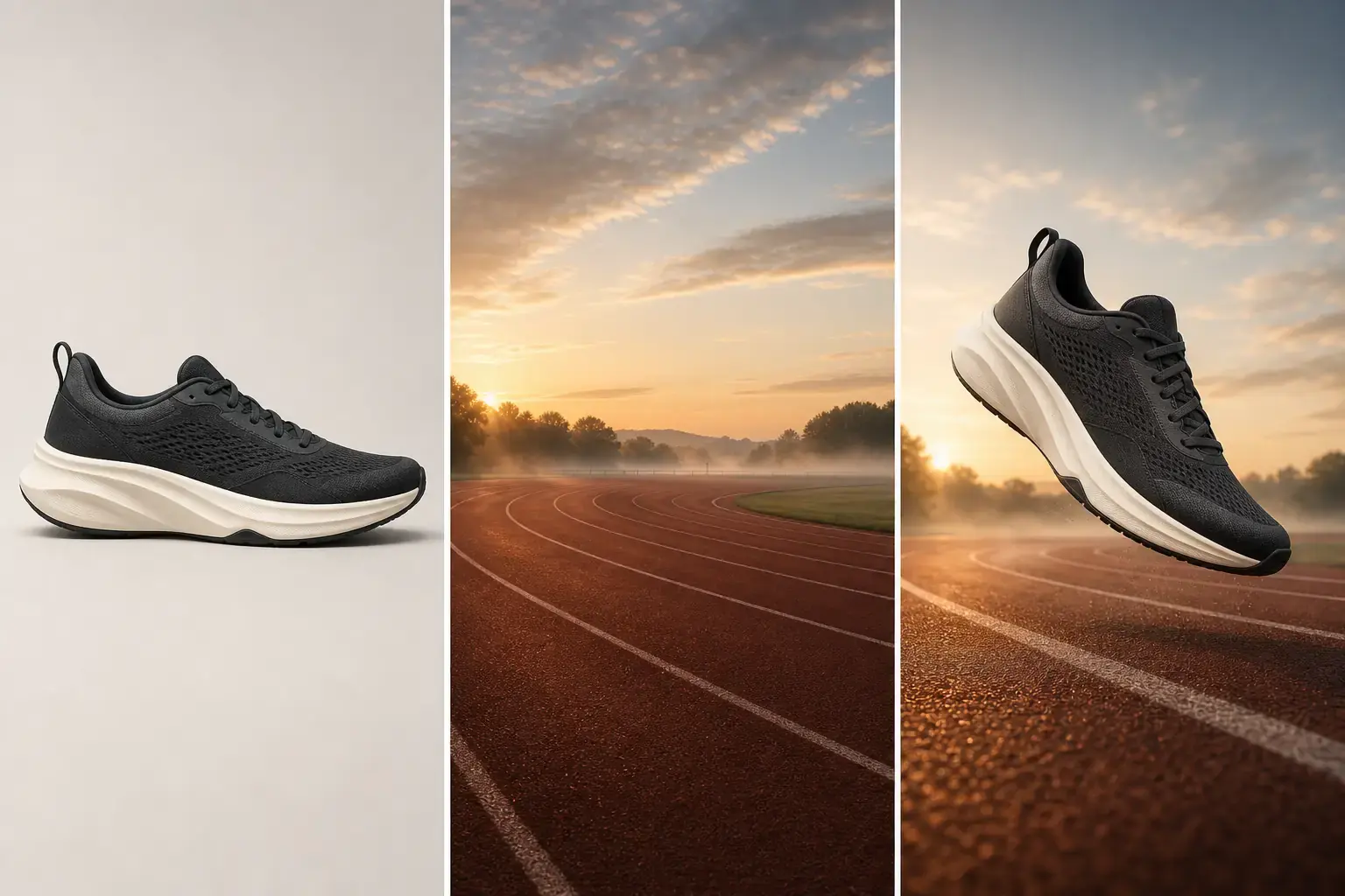 Project-owned unbranded running shoe, track reference, and generated athletic product triptych