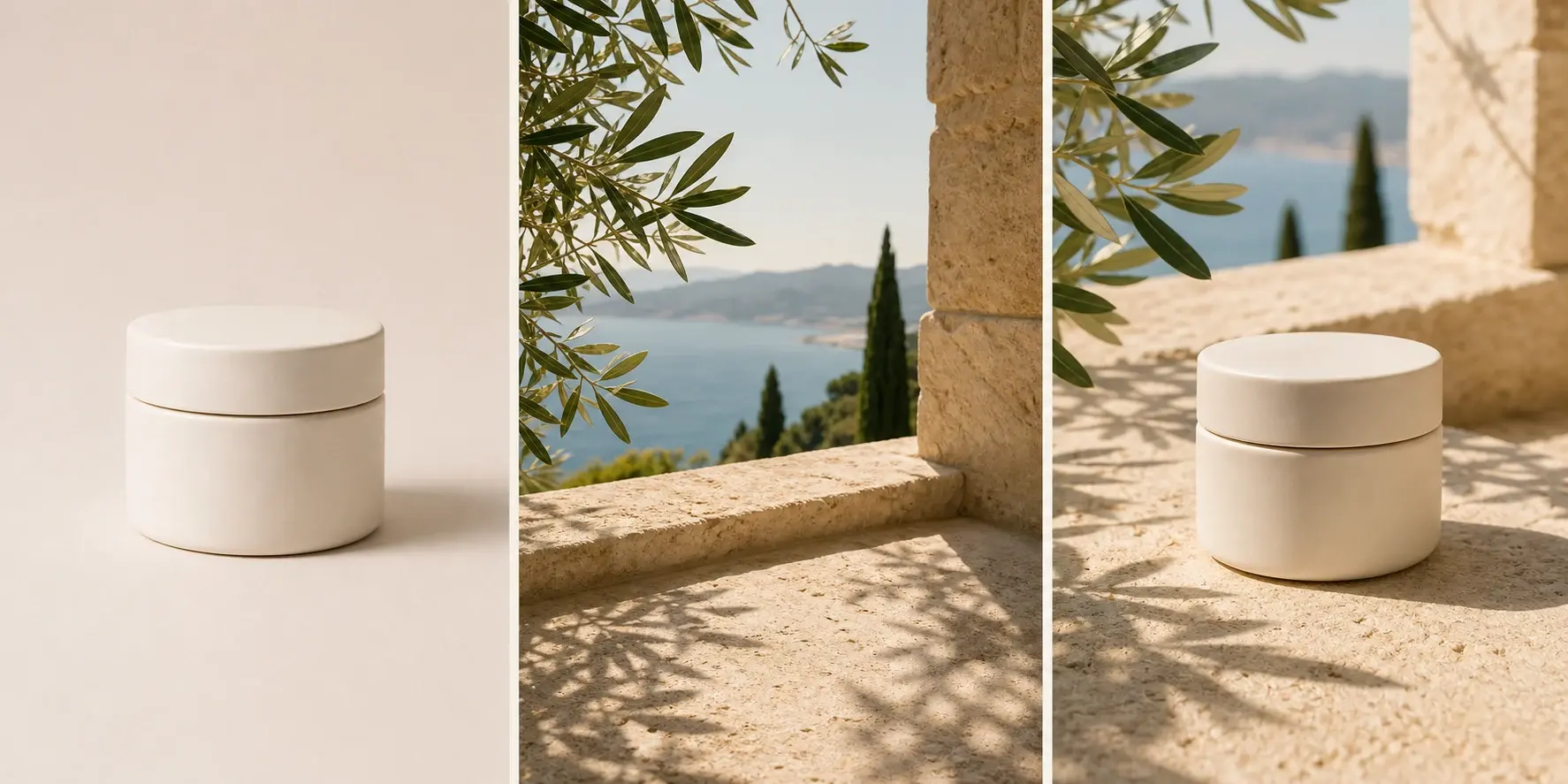 Project-owned ceramic jar, limestone terrace reference, and generated outdoor campaign triptych