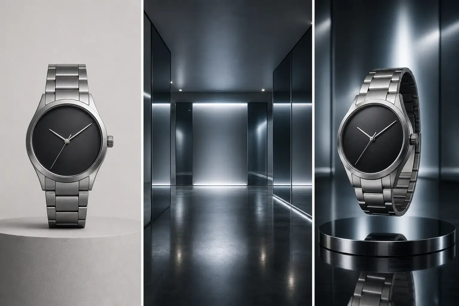 Project-owned unbranded watch, reflective studio reference, and generated product campaign triptych