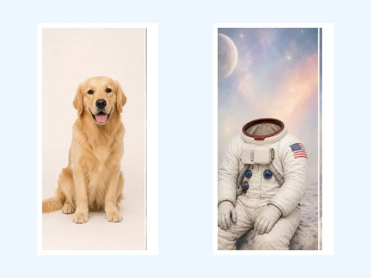 Two source images ready to combine: a golden retriever and an astronaut scene