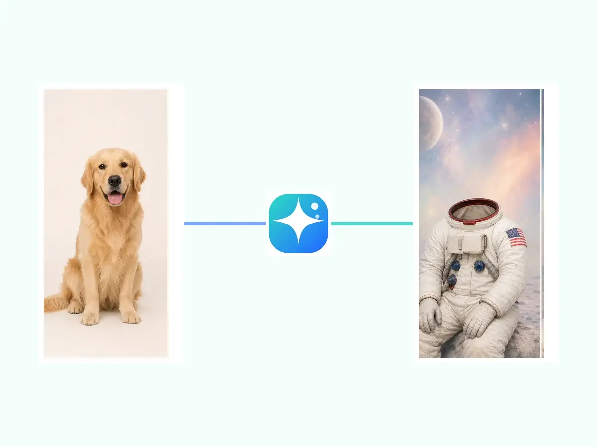 Image combiner linking a dog photo with an astronaut scene reference