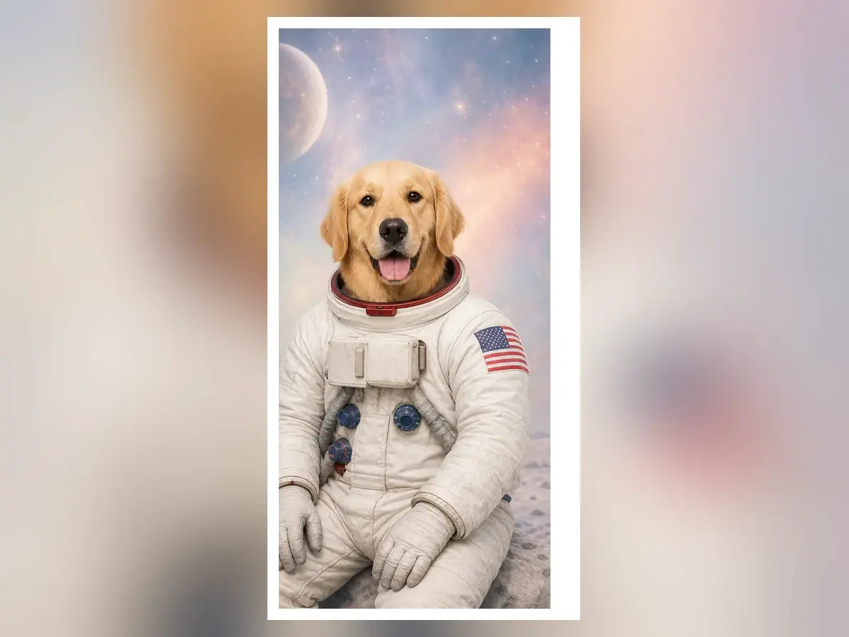 Combined image of a golden retriever wearing an astronaut suit